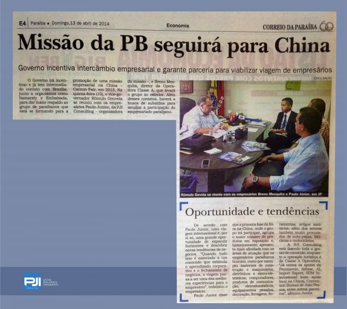 Negócio da China: Jornal Correio da PB, 13/04, registra a reunião sobre a missão empresarial o vice-governador da PB, Rômulo Gouveia.